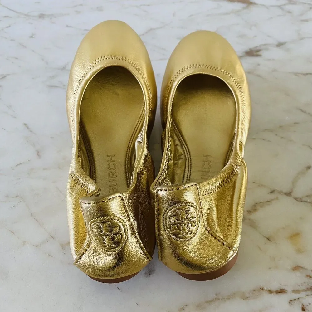 TORY BURCH Solid Metallic Gold Leather Bendable Ballerina Flats - US 6.5 - Picture 5 of 8
